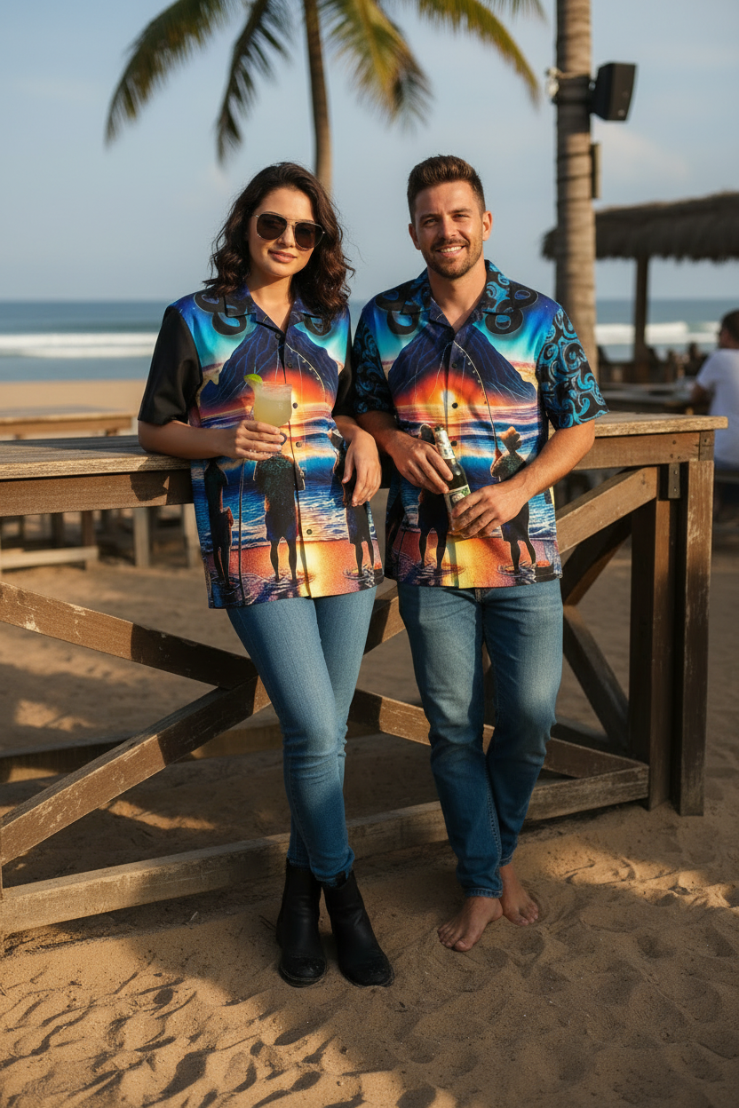 Out with the Guys 808 Aloha Shirt — Men's Hawai'ian Shorefishing Sunset