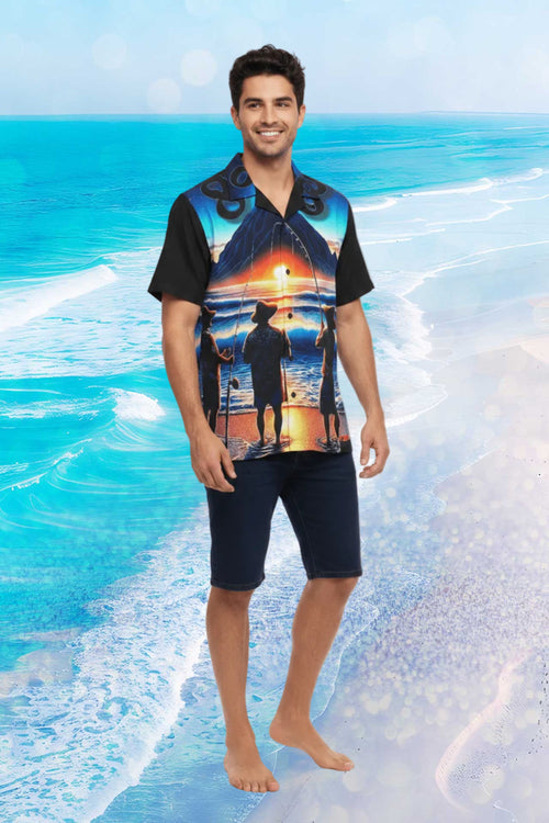 Out with the Guys 808 Aloha Shirt — Men's Hawai'ian Shorefishing Sunset