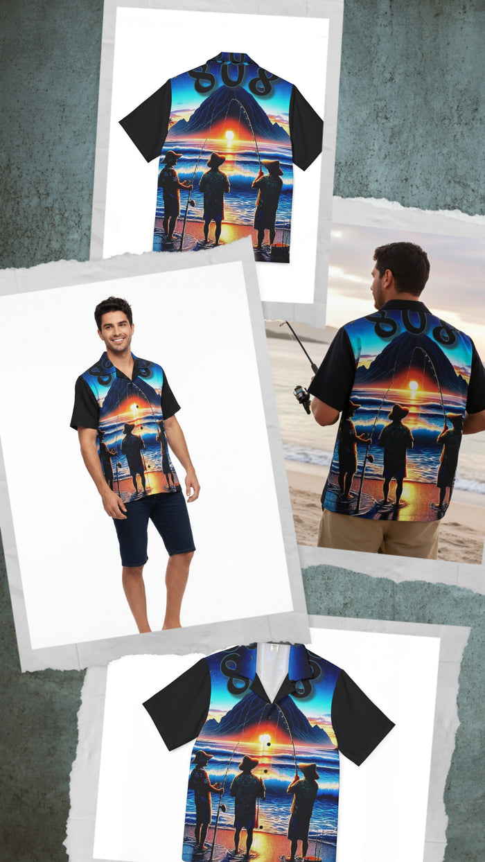 Out with the Guys 808 Aloha Shirt — Men's Hawai'ian Shorefishing Sunset