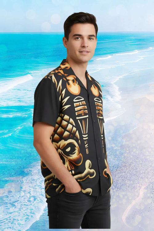 Tropical Gangstah 808 Aloha Shirt — Pineapple Skull & Tiki Torch Camp Shirt