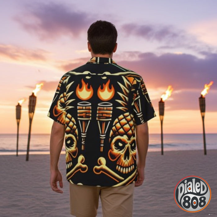 Tropical Gangstah 808 Aloha Shirt — Pineapple Skull & Tiki Torch Camp Shirt