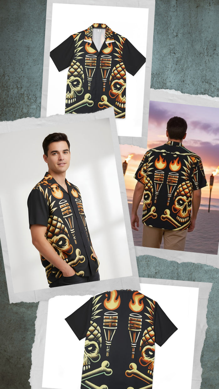 Tropical Gangstah 808 Aloha Shirt — Pineapple Skull & Tiki Torch Camp Shirt